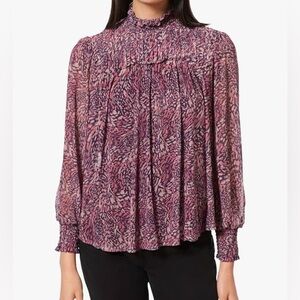 Cable & Gauge Pleated Blouse with Smocking Patterned Blouse Size:M Sheer sleeves